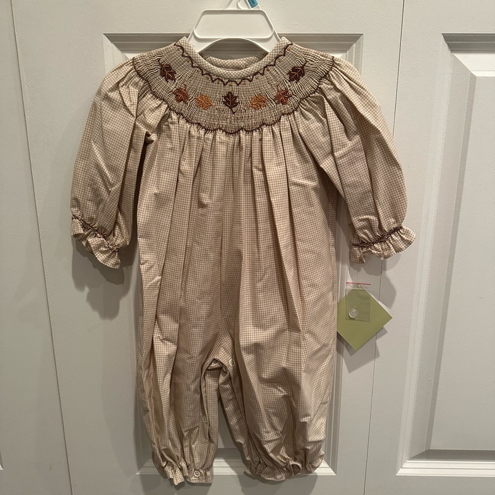 Beautiful  smocked corduroy fall outfit . Great for the fall or thanksgiving.